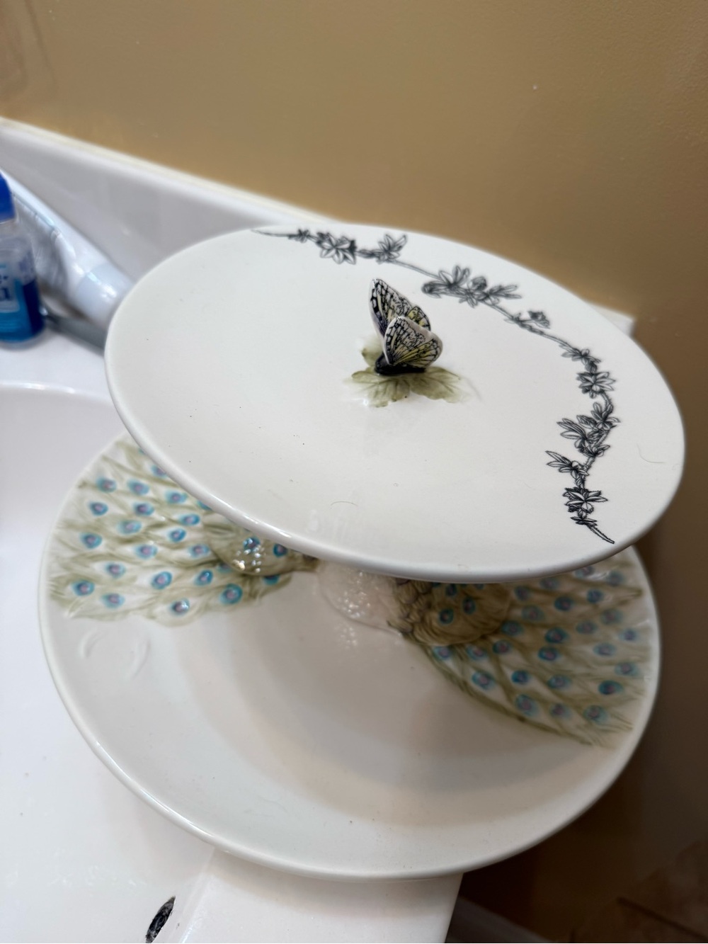 White Ceramic Two-Tier Serve Stand with Butterfly Accent